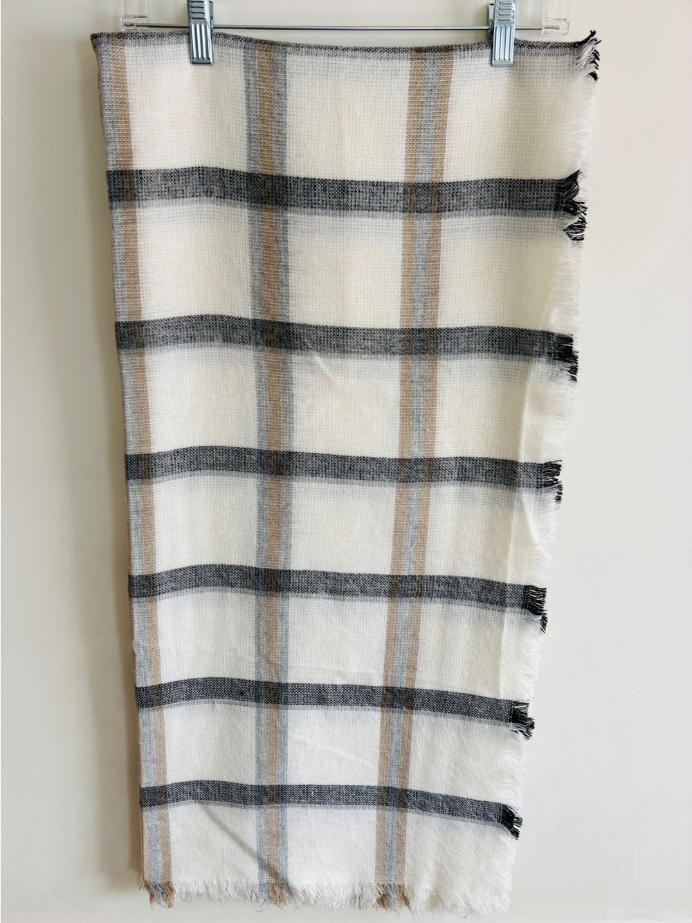 A New Day Cream, Black, and Tan Blanket Scarf with Fringe
